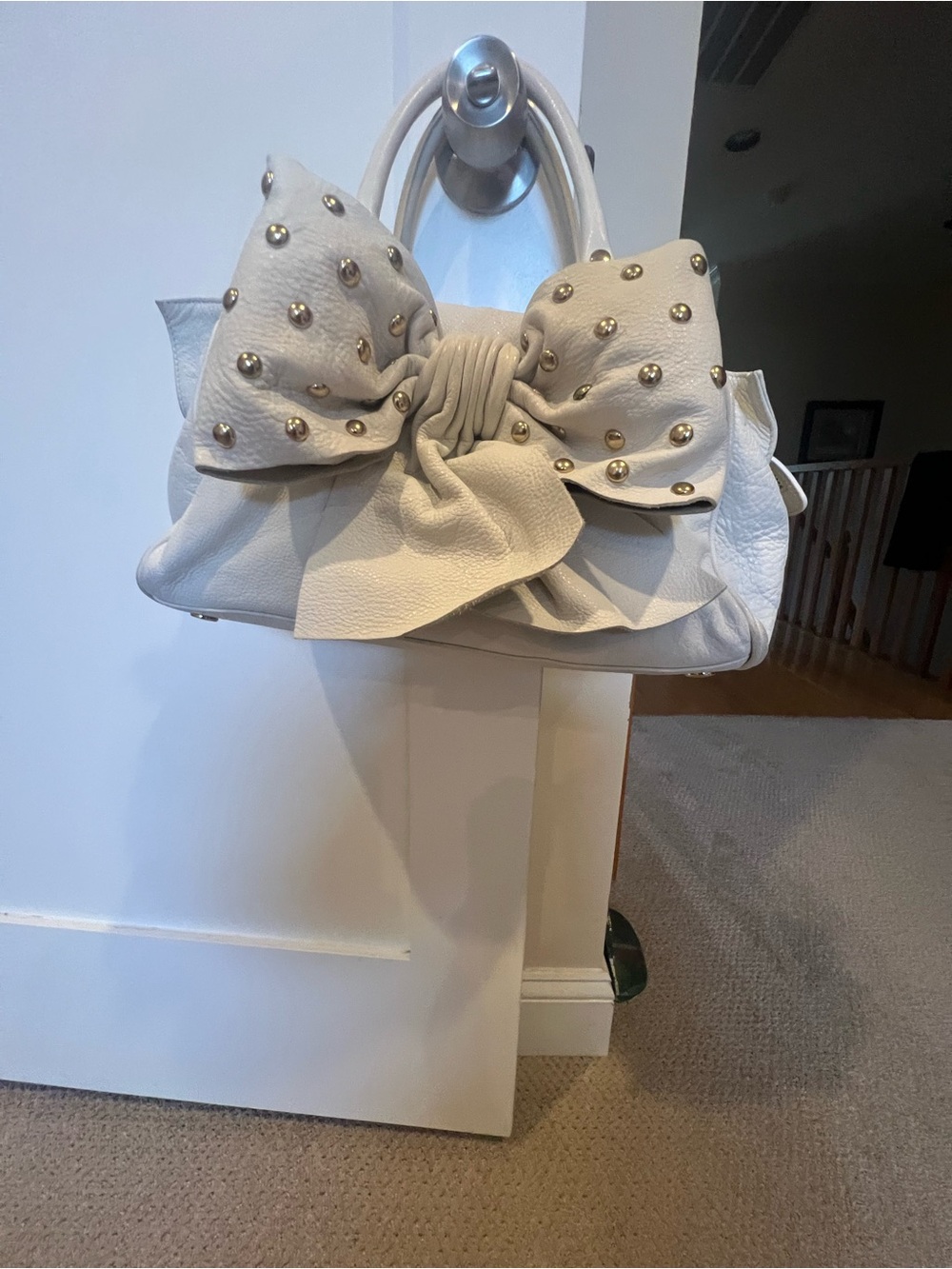 RED Valentino White Leather Bow-Front Shoulder Bag with Silver Studs
